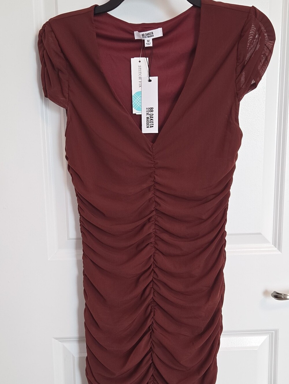 NWT BB Dakota Steve Madden Ruched Mesh Bodycon Mini Dress Burgundy Wine M